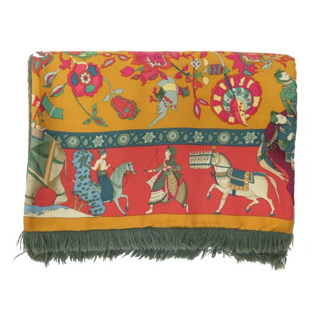 ECHARPE HERMES FANTAISIES INDIENNES EN SOIE JAUNE ET ANGORA VERT SILK SCARF 470€