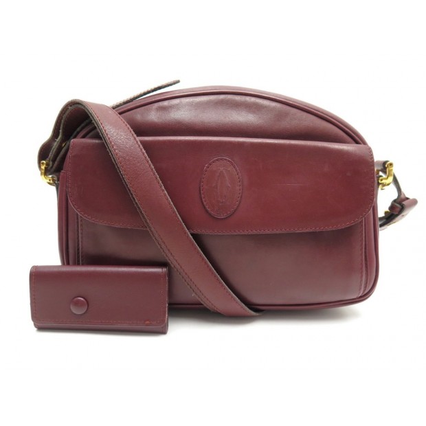 VINTAGE SAC A MAIN MUST DE CARTIER BANDOULIERE CUIR BORDEAUX + PORTE CLES 1440€