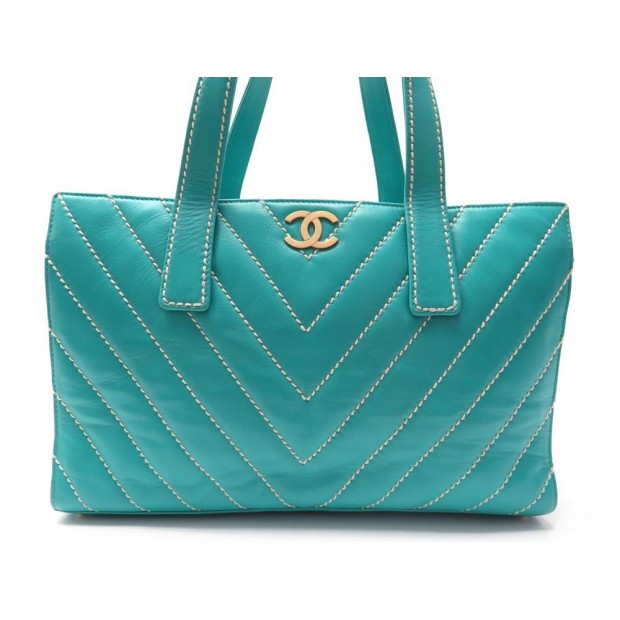 SAC A MAIN CHANEL CUIR CHEVRON TURQUOISE 