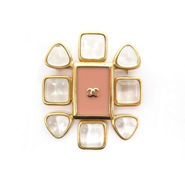 BROCHE CHANEL FLEUR LOGO CC 1996 EN METAL DORE & PATE DE VERRE BROOCH 800€