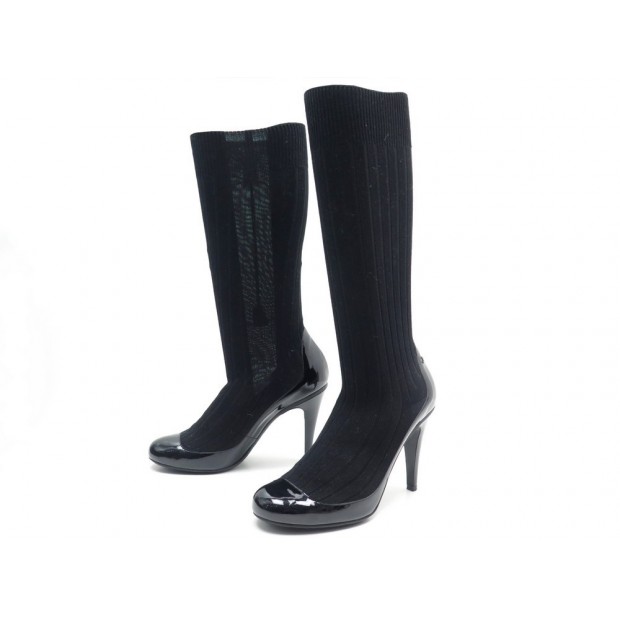 NEUF CHAUSSURES CHANEL G29979 BOTTES CHAUSSETTES 40 CUIR VERNI COTON NOIR 1600€