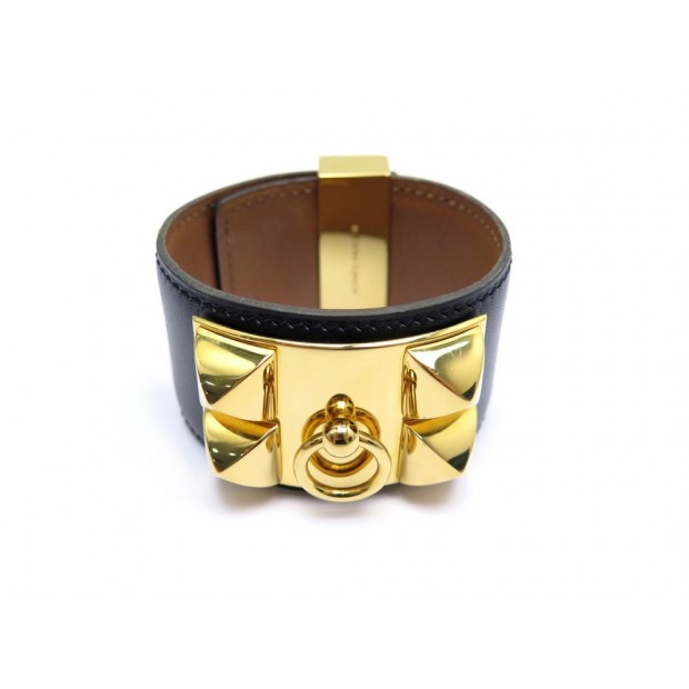 BRACELET HERMES COLLIER DE CHIEN MEDOR H068440CC89T1 CUIR NOIR & METAL DORE 995€