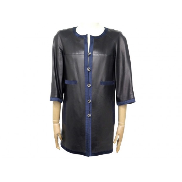 VESTE CHANEL MANCHES MI LONGUES P30536 38 M EN CUIR NOIR & BLEU BLOUSON 4500€