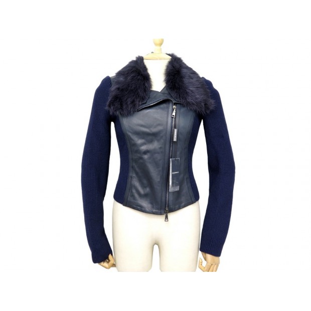 NEUF BLOUSON EMPORIO ARMANI 40 IT 36 FR XS CUIR ET LAINE BLEU MARINE JACKET 520€