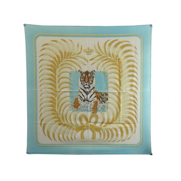 FOULARD HERMES TIGRE ROYAL PAR CHRISTIANE VAUZELLES EN SOIE BLEU SILK SCARF 370€