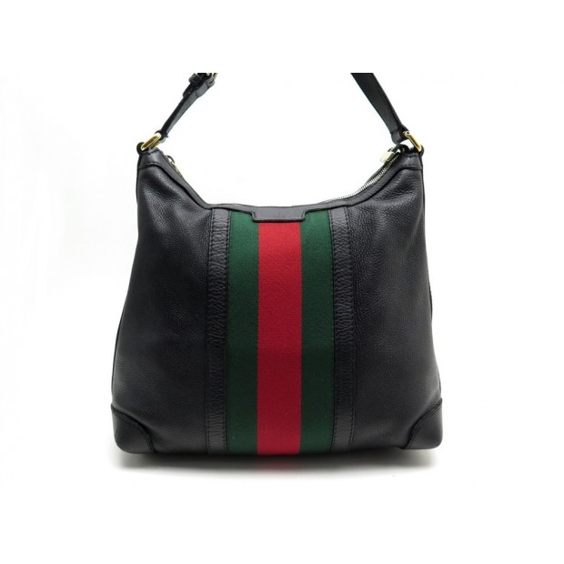 SAC A MAIN GUCCI 257084 CUIR GRAINE NOIR & BANDE TOILE WEB HAND BAG 1590€