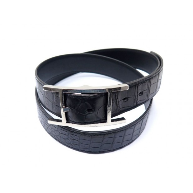 CEINTURE HERMES QUENTIN T95 EN CUIR DE CROCODILE NOIR BLACK LEATHER BELT 3600€