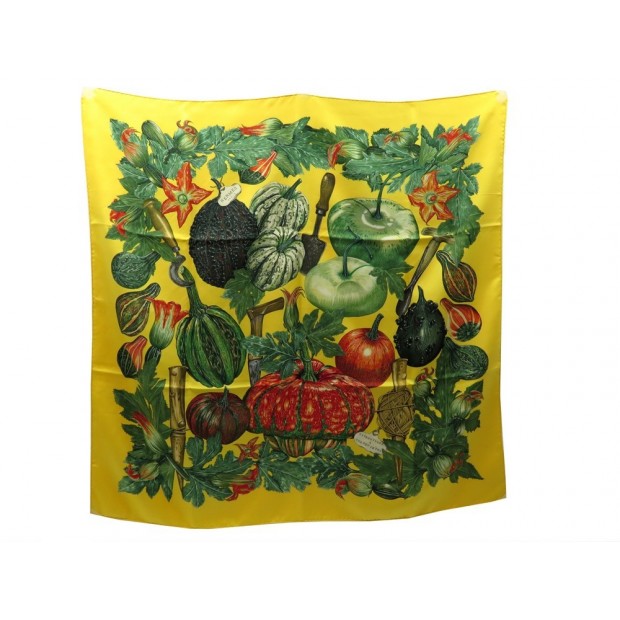 FOULARD HERMES CITROUILLES ET COLOQUINTES DAWLAT-DUMOULIN SOIE JAUNE SCARF 370€