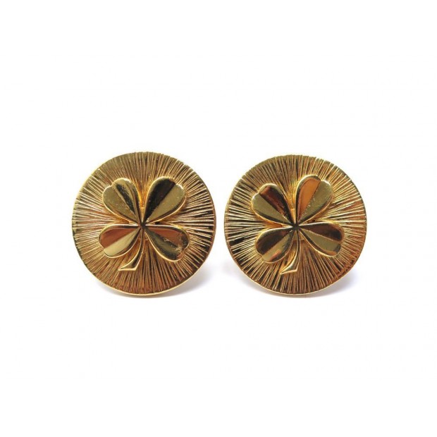 VINTAGE BOUCLES D'OREILLES CHANEL TREFLE METAL DORE CLOVER GOLDEN EARRINGS 420€