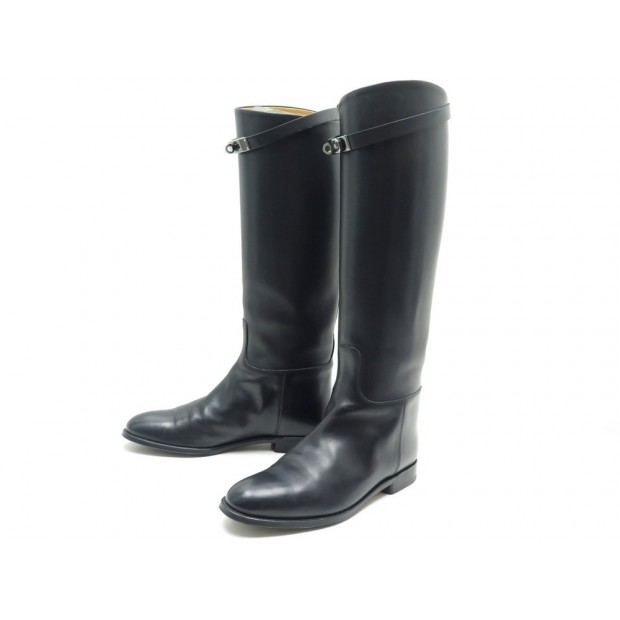 BOTTES CAVALIERES HERMES CUIR NOIR FERMOIR KELLY T39.5