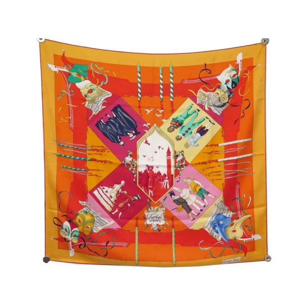 FOULARD HERMES LE CARNAVAL DE VENISE EN SOIE JACQUARD ORANGE + BOITE SCARF 370€