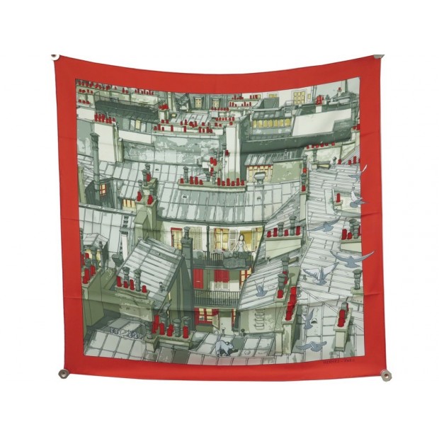 RARE FOULARD HERMES LES TOITS DE PARIS D. RYBALTCHENKO SOIE ROUGE + BOITE SCARF