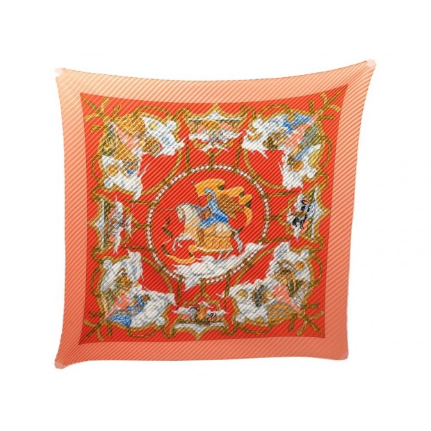 FOULARD PLISSE HERMES CAVALIERS DES NUAGES 1999 CARRE EN SOIE ORANGE SILK SCARF