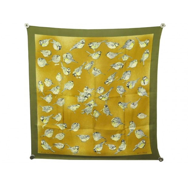 FOULARD HERMES MESANGES PAR XAVIER DE PORET SOIE JAUNE + BOITE YELLOW SILK SCARF