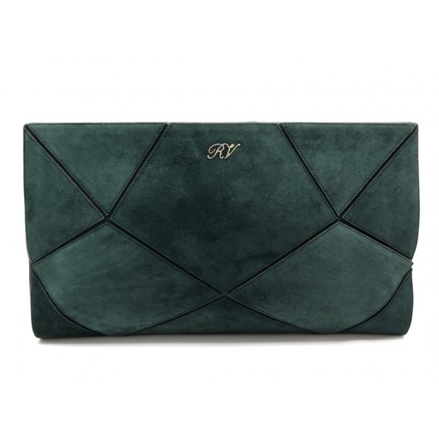 NEUF SAC A MAIN ROGER VIVIER PRISMICK POCHETTE 32 CM EN DAIM VERT CLUTCH 1090€