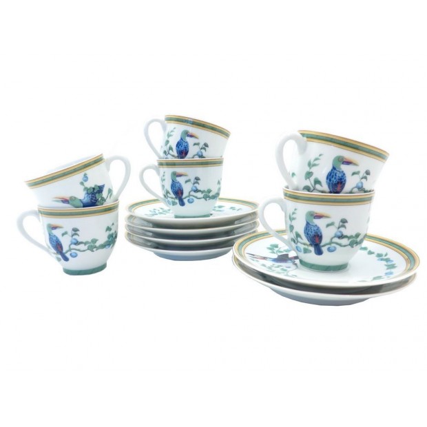 NEUF SERVICE A THE CAFE HERMES TOUCANS 6 TASSES SOUCOUPES EN PORCELAINE LIMOGES