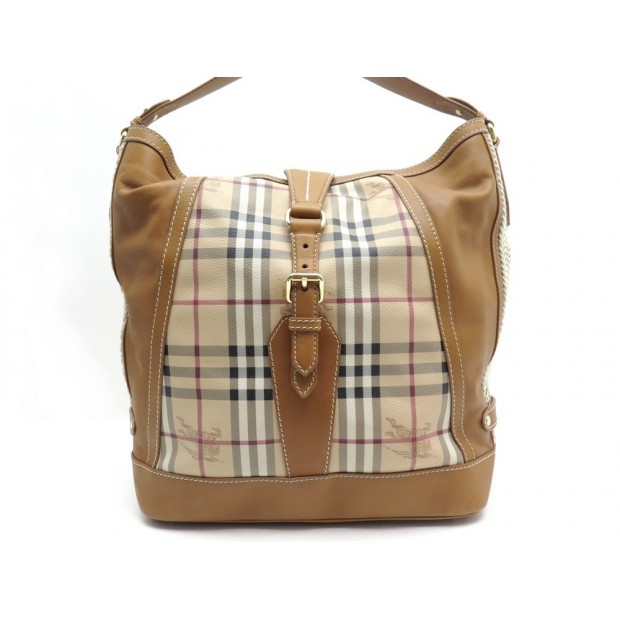 SAC A MAIN BURBERRY CUIR CUIR CAMEL ET TOILE TARTAN 