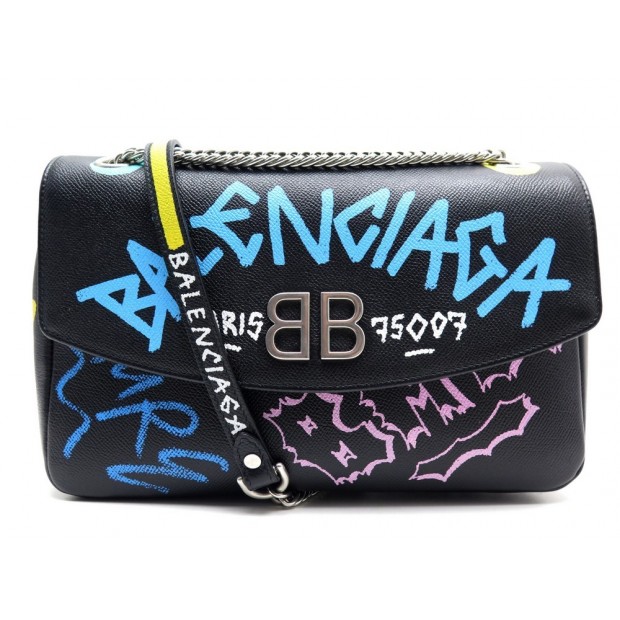 NEUF SAC A MAIN BALENCIAGA BB CHAIN GRAFFITI 516921 BANDOULIERE CUIR NOIR 1750€