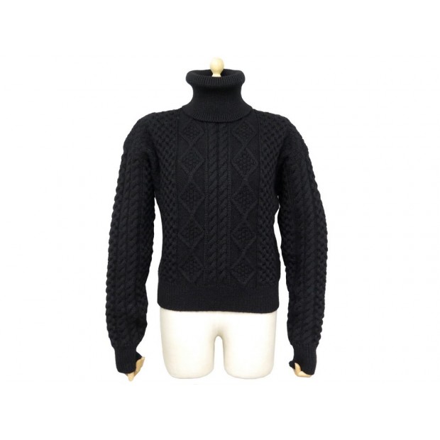 NEUF PULL SAINT LAURENT COL ROULE MAILLE D'ARAN 480357 36 S LAINE NOIR WOOL 790€