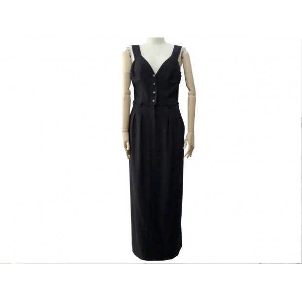 ROBE LONGUE CHANEL SANS MANCHE T 42 L EN LAINE NOIRE BOUTONS LOGO CC DRESS 2790€