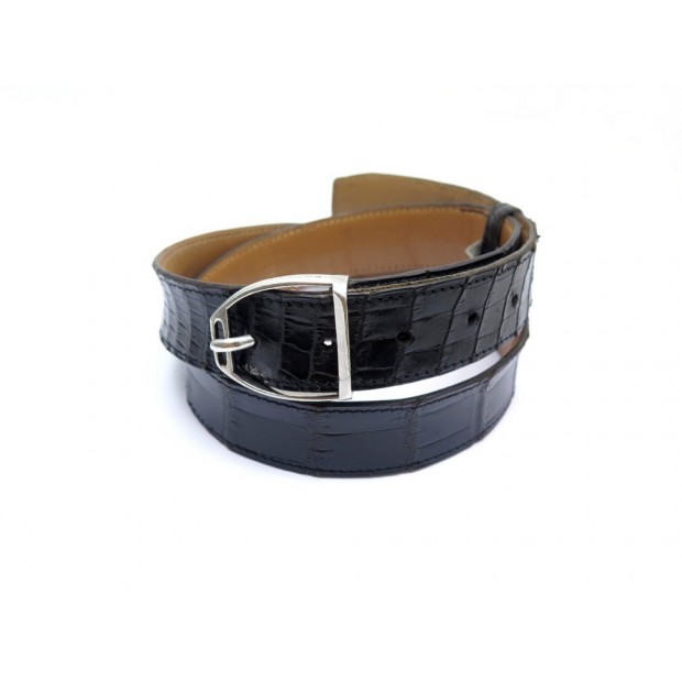 CEINTURE HERMES T 84 EN CUIR DE CROCODILE NOIR BOUCLE ETRIER ARGENT BELT 3600€