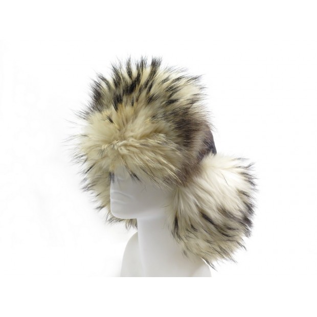 CHAPEAU PRADA CHAPKA EN FOURRURE DE RATON LAVEUR NYLON NOIR BONNET FUR HAT 350€