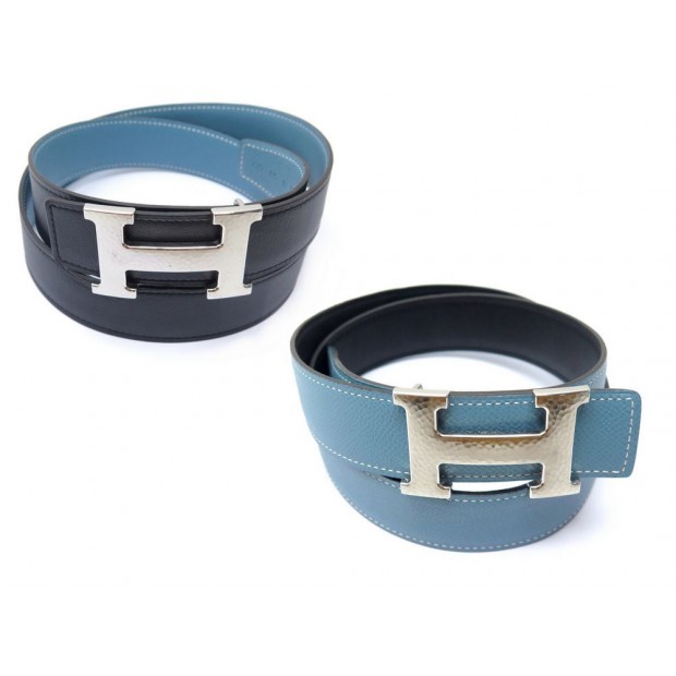 CEINTURE HERMES LIEN T85 CUIR SWIFT NOIR & EPSOM BLEU BOUCLE H MARTELE BELT 675€