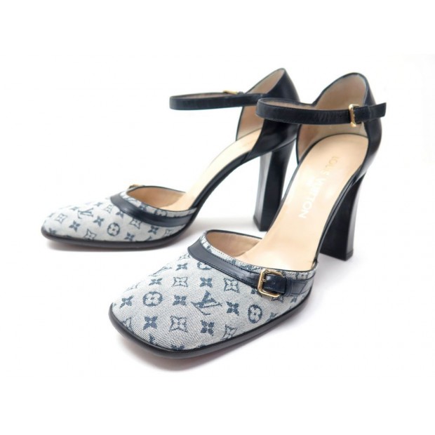 CHAUSSURES LOUIS VUITTON MINI LIN 40 ESCARPINS CUIR BLEU + BOITE PUMP SHOES 520€