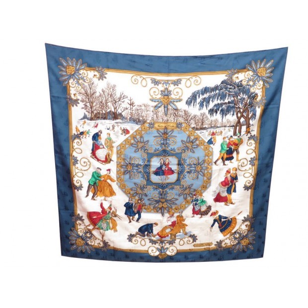 FOULARD HERMES JOIES D HIVER METZ CARRE EN SOIE BROCHEE JACQUARD BLEU SCARF 350€