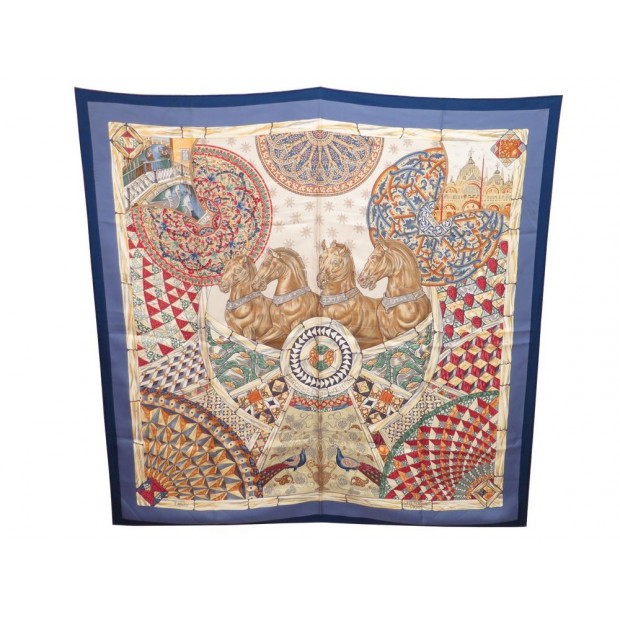 FOULARD HERMES TROPHEES DE VENISE JULIE ABADIE CARRE EN SOIE BLEU SCARF 350€