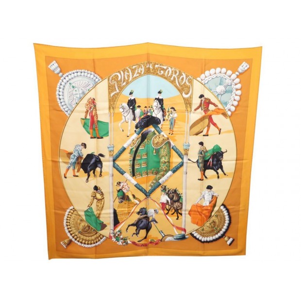 FOULARD HERMES PLAZA DE TOROS HUBERT DE WATRIGANT CARRE EN SOIE JAUNE SCARF 350€