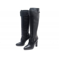 CHAUSSURES HERMES 38.5 BOTTES A BOUCLES TALONS EN CUIR NOIR LEATHER BOOTS 1750€