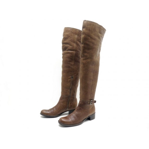 CHAUSSURES MIU MIU 38.5 BOTTES CUISSARDES FOURREES CUIR MARRON BOOTS SHOES 1195€