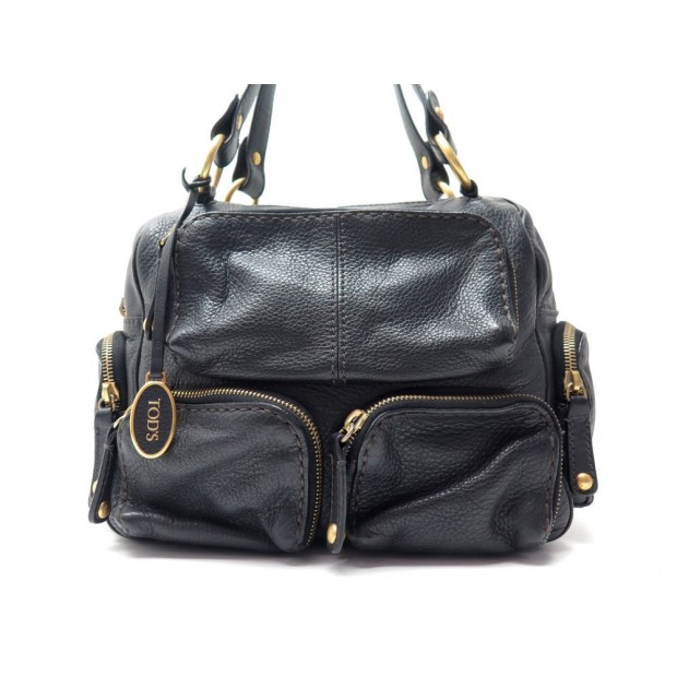 SAC A MAIN TOD S POCHES ZIPPEES MM CUIR GRAINE NOIR BLACK LEATHER HAND BAG 1100€