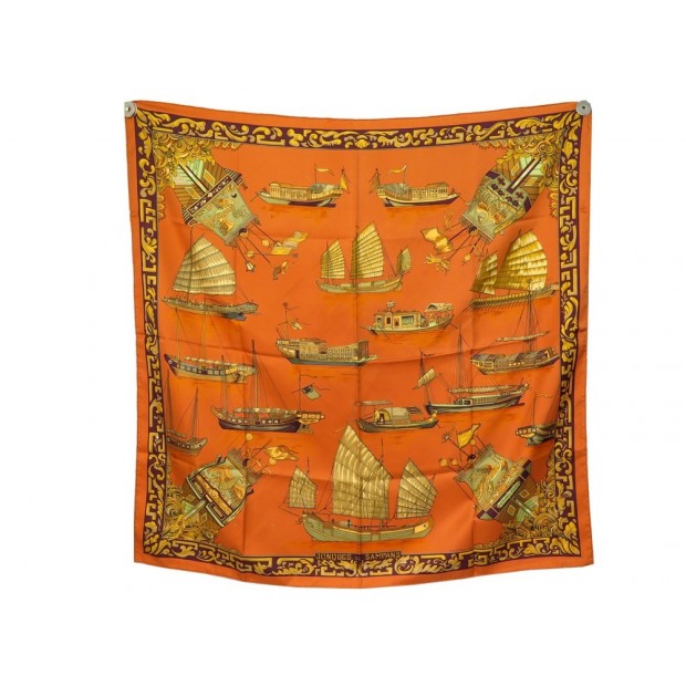 FOULARD HERMES JONQUES ET SAMPAS CERRE 90 PERRIERE SOIE ORANGE SILK SCARF 370€