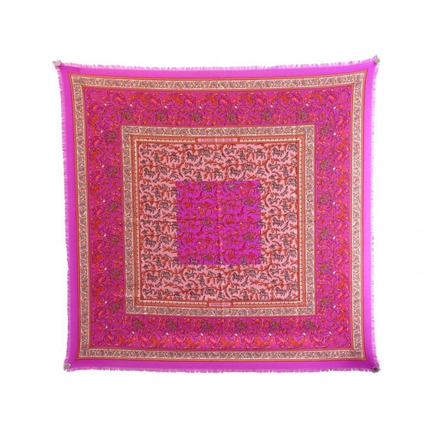 NEUF FOULARD HERMES CHASSE EN INDE CARRE 90 CM CACHEMIRE & SOIE ROSE SCARF 630€