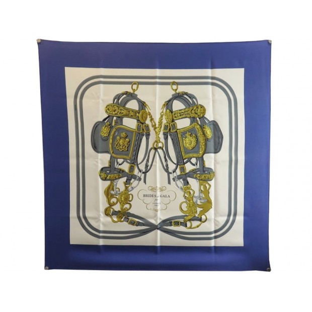 FOULARD HERMES BRIDES DE GALA PAR HUGO GRYGKAR SOIE BLEU + BOITE SILK SCARF 370€