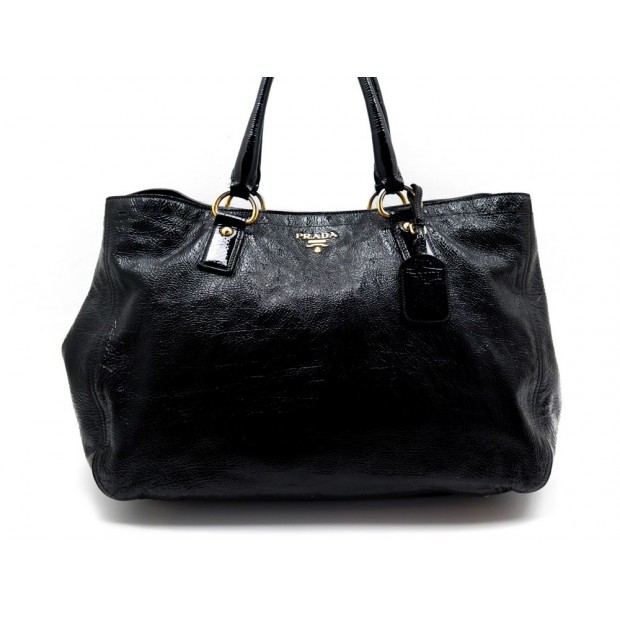 SAC A MAIN PRADA VOYAGE EN CUIR VERNIS NOIR BAGAGE WEED END HAND BAG 1300€