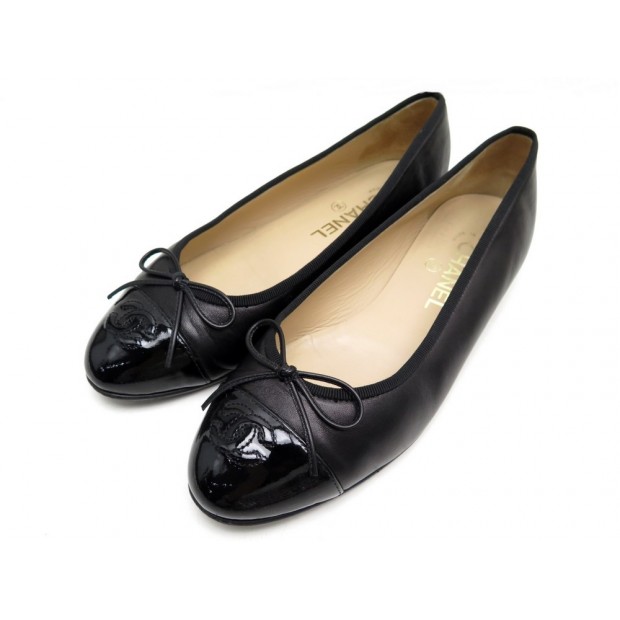 CHAUSSURES CHANEL BALLERINES 38 LOGO CC A02819 EN CUIR NOIR + BOITE SHOES 590€