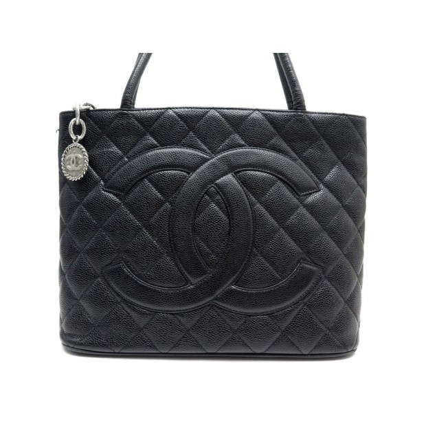 SAC A MAIN CHANEL CABAS SHOPPING MEDAILLON EN CUIR CAVIAR NOIR LEATHER BAG 2140€