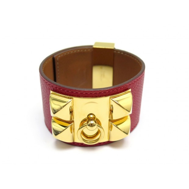 BRACELET HERMES COLLIER DE CHIEN MEDOR T17 EN CUIR EPSOM ROUGE GARANCE DORE 995€