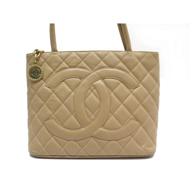 SAC A MAIN CHANEL CABAS SHOPPING MEDAILLON CUIR CAVIAR BEIGE LEATHER BAG 2140€