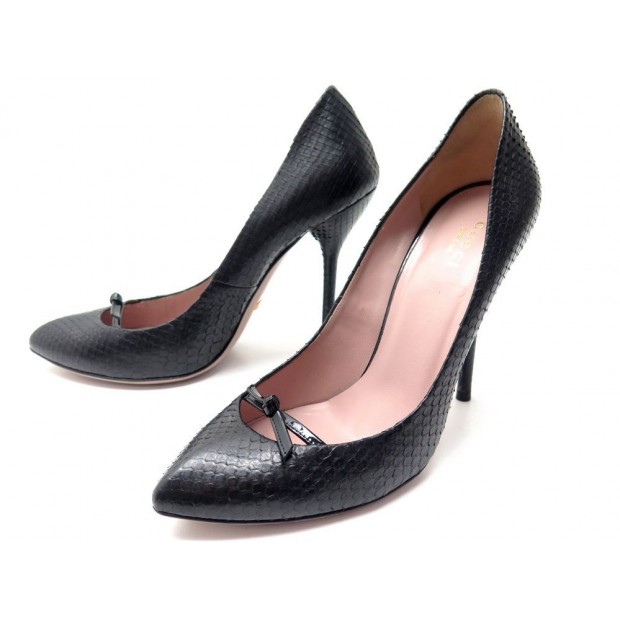 CHAUSSURES GUCCI BEVERLY 323493 ESCARPINS 38 IT 39 FR CUIR PYTHON NOIR PUMP 810€