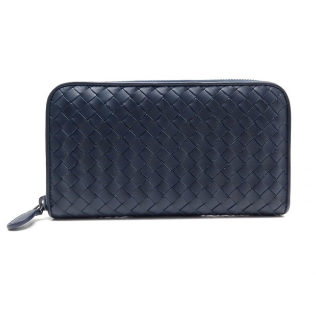 NEUF PORTEFEUILLE BOTTEGA VENETA ZIPPE MM EN NAPPA INTRECCIATO CUIR BLEU 620€