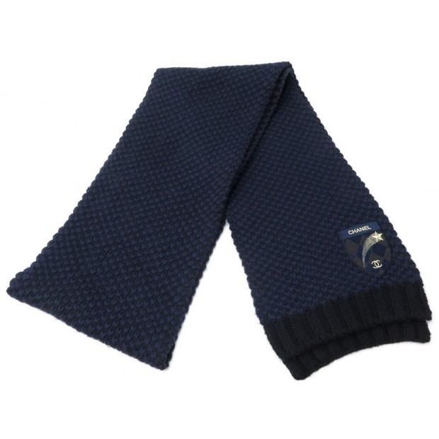 NEUF ECHARPE CHANEL COMETE ECUSSON EN CACHEMIRE BLEU & NOIR CASHMERE SCARF 1180€