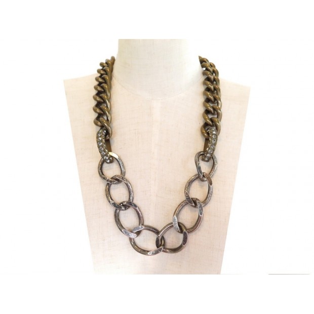 COLLIER LANVIN CHAINE & RUBAN 66 CM EN METAL DORE & ARGENTE STRASS NECKLACE 690€