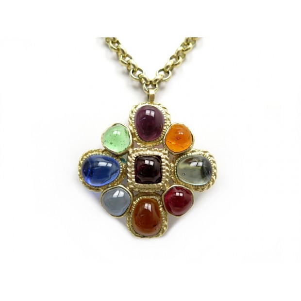 COLLIER BROCHE CHANEL CROIX GRIPOIX 60 CM DORE & PATE DE VERRE NECKLACE 950€