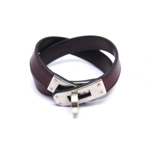 BRACELET HERMES KELLY DOUBLE TOUR T 17 EN CUIR SWIFT BORDEAUX ACIER BROSSE 450€