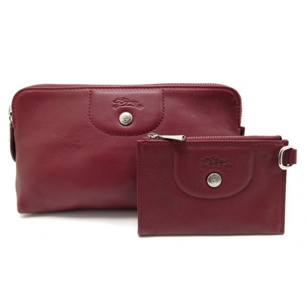 LOT TROUSSE + POCHETTE CLES LONGCHAMP CUIR BORDEAUX 