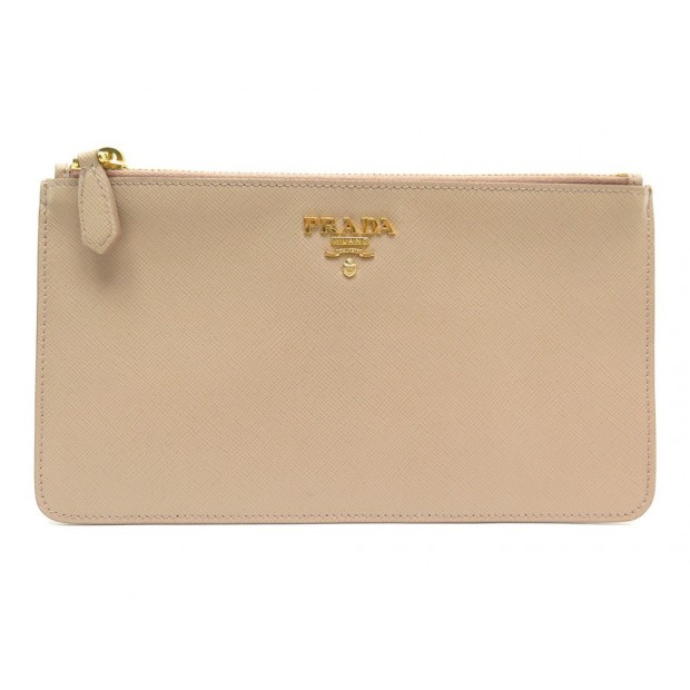 NEUF POCHETTE PRADA 1M1152 TROUSSE CUIR SAFFIANO BEIGE + BOITE NEW POUCH WALLET